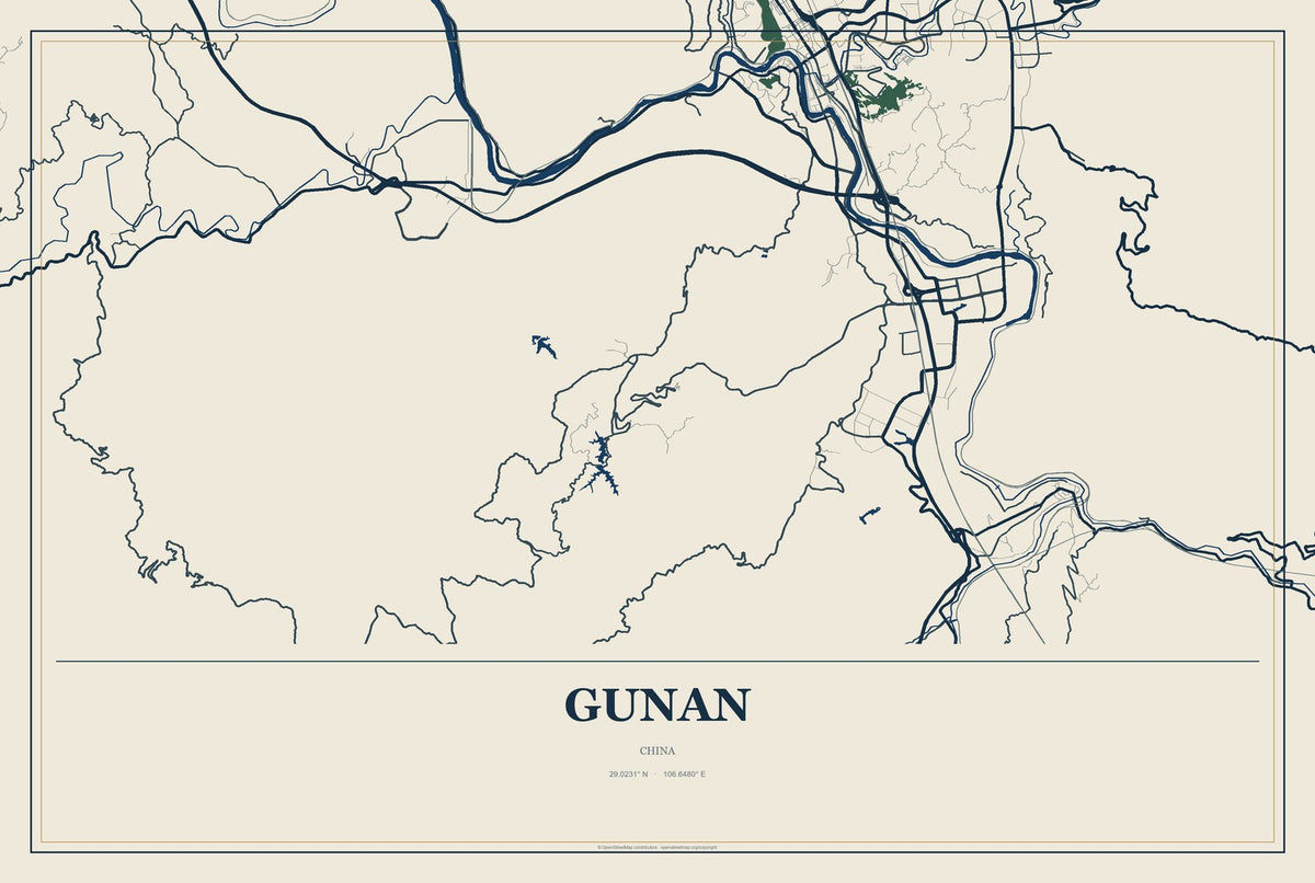 Gunan, China City Map Aluminum Sign in Coastal Cutout style