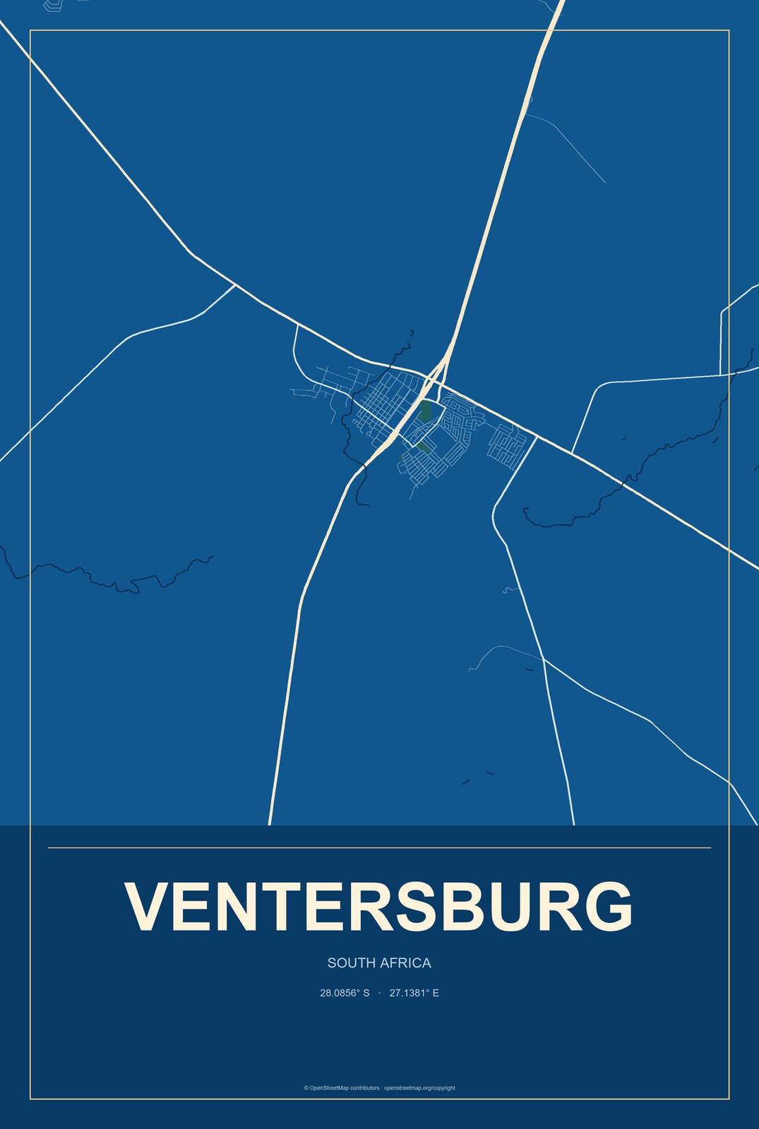 Ventersburg, South Africa City Map Aluminum Sign in Harbor Cobalt style