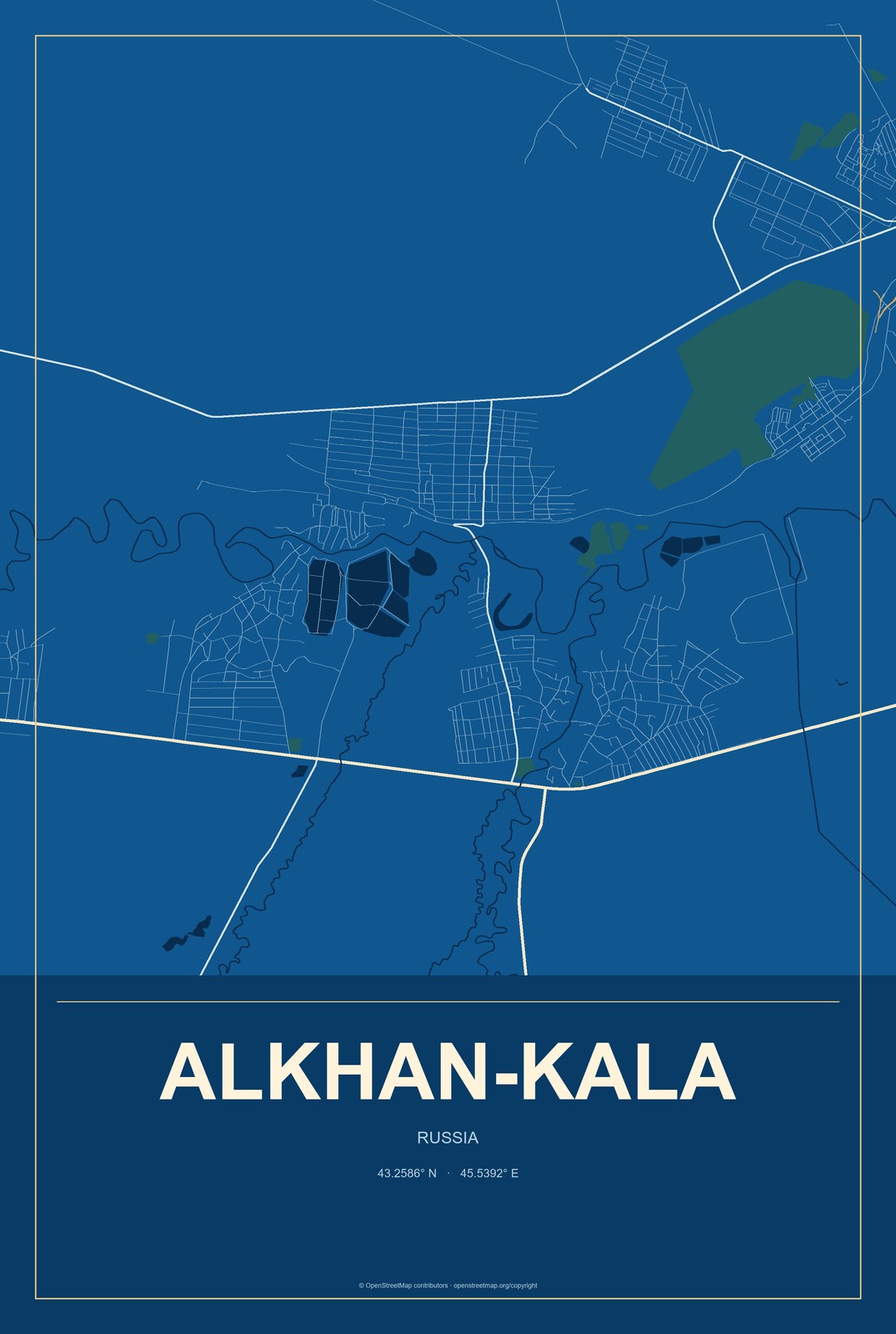 Alkhan-Kala, Russia City Map Aluminum Sign in Harbor Cobalt style