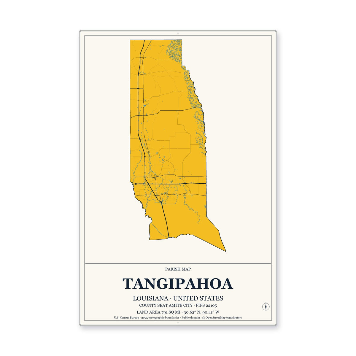 Tangipahoa Parish, Louisiana Map Aluminum Sign in Citrine Modern style
