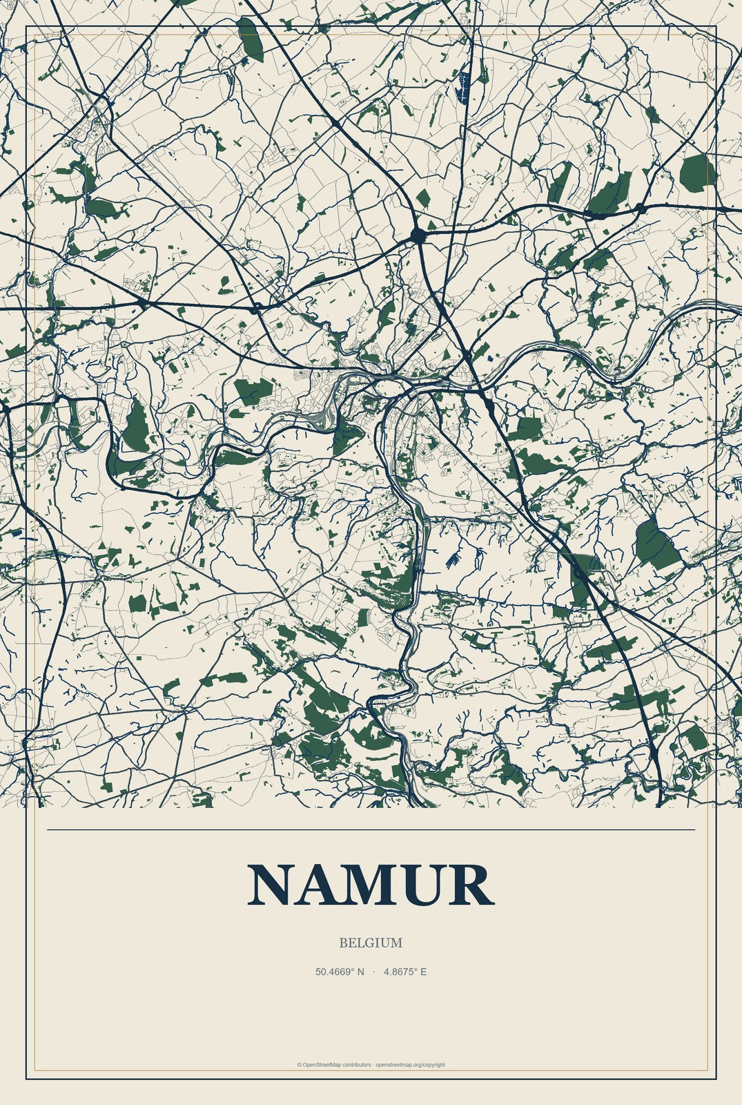 Namur, Belgium City Map Aluminum Sign in Coastal Cutout style