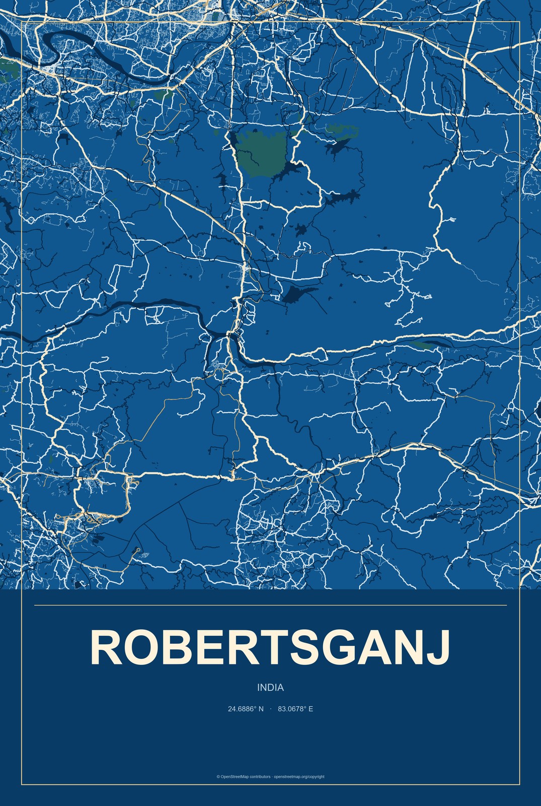 Robertsganj, India City Map Aluminum Sign in Harbor Cobalt style