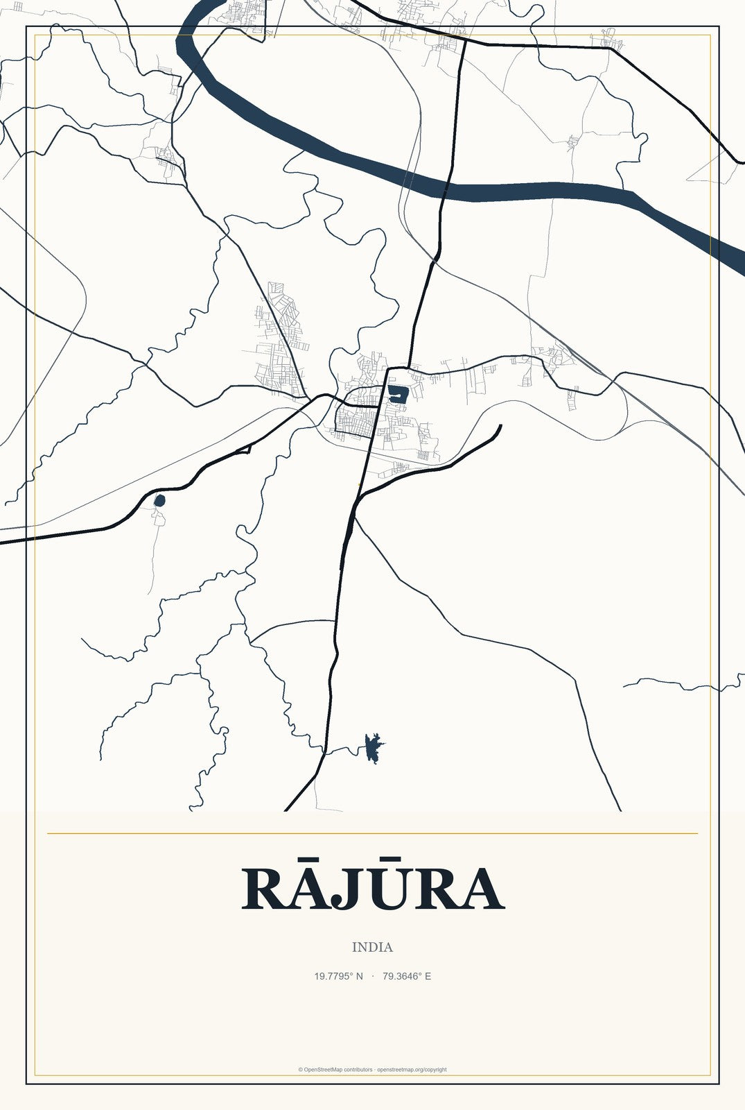 Rājūra, India City Map Aluminum Sign in Citrine Modern style