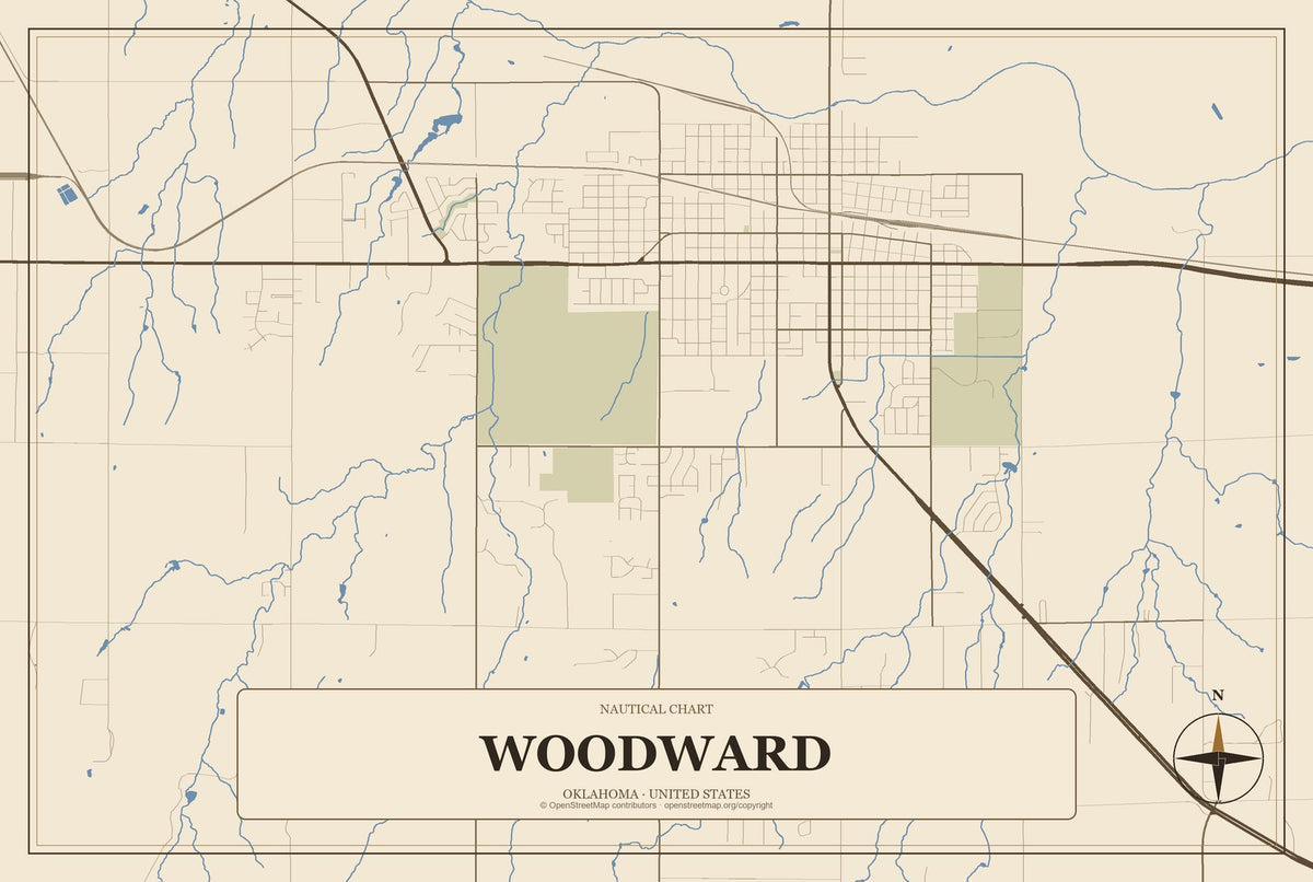 Woodward, Oklahoma City Map Aluminum Sign in Heritage Nautical style