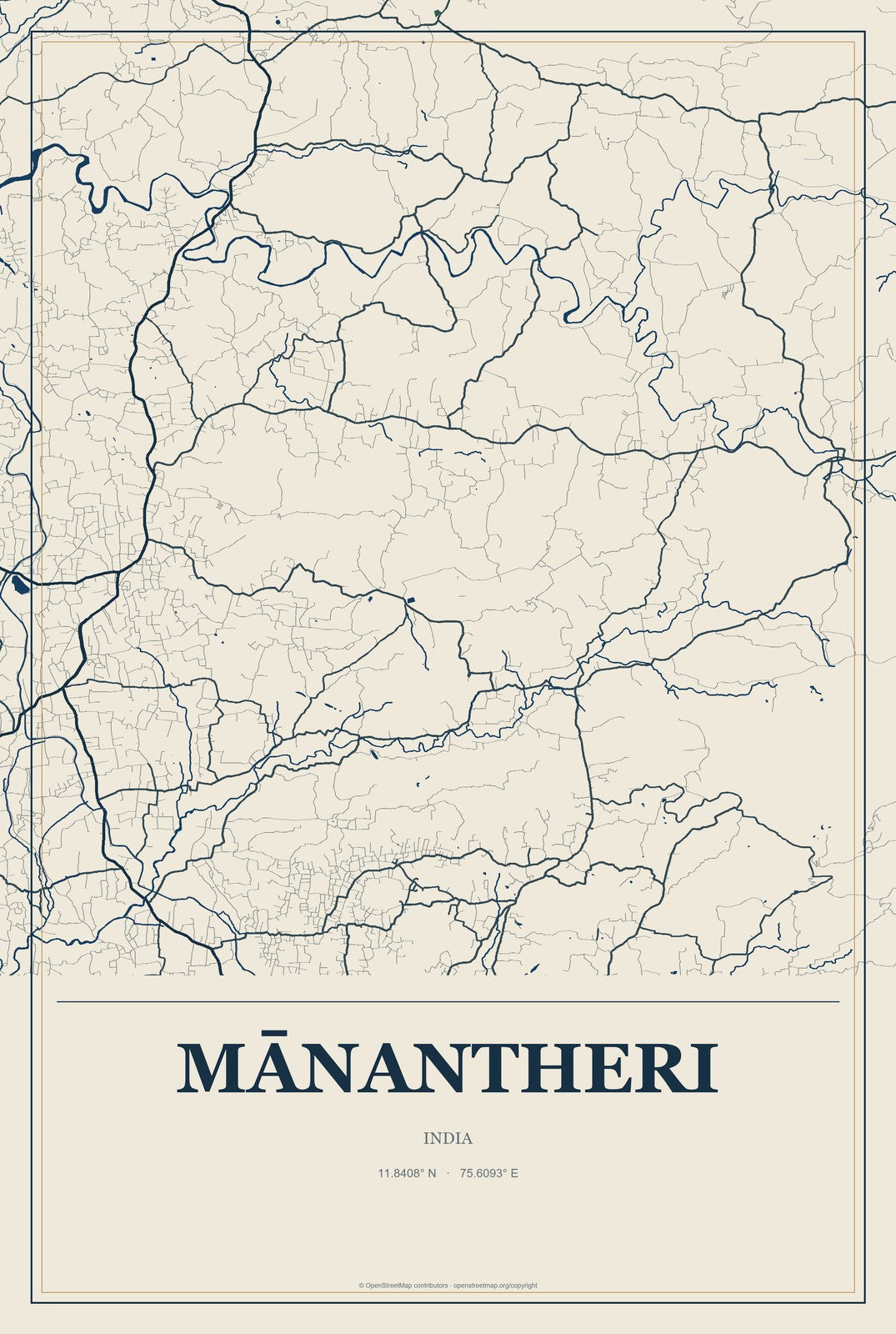 Mānantheri, India City Map Aluminum Sign in Coastal Cutout style