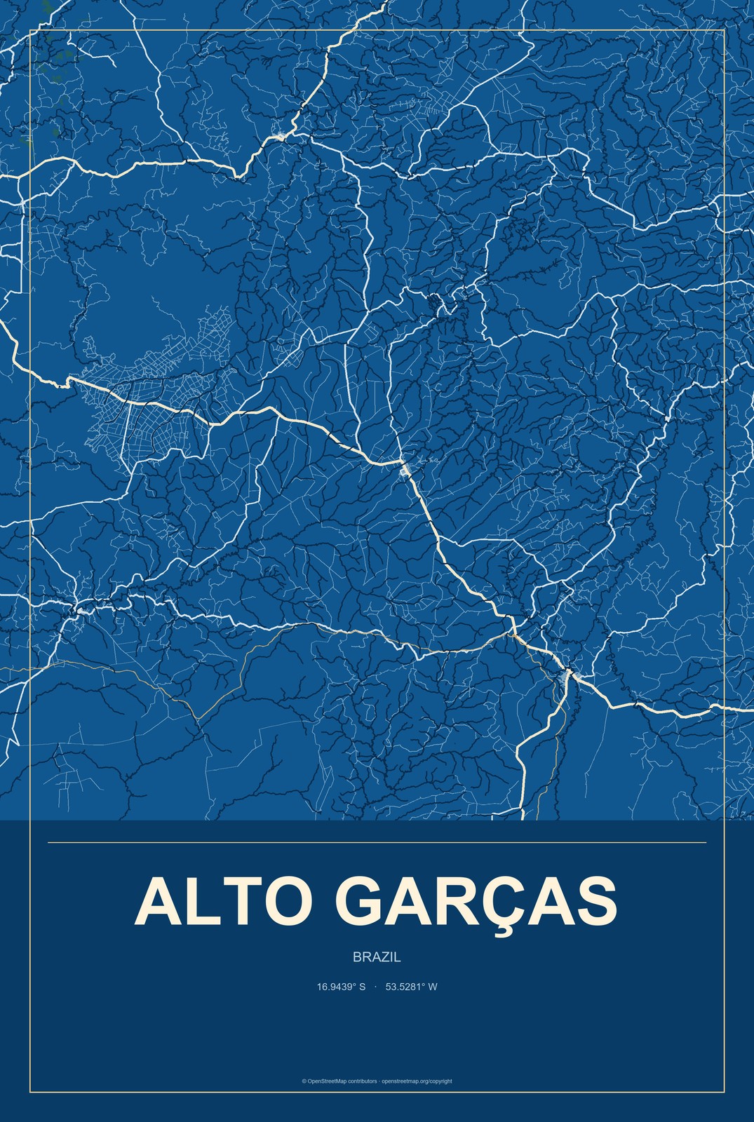 Alto Garças, Brazil City Map Aluminum Sign in Harbor Cobalt style