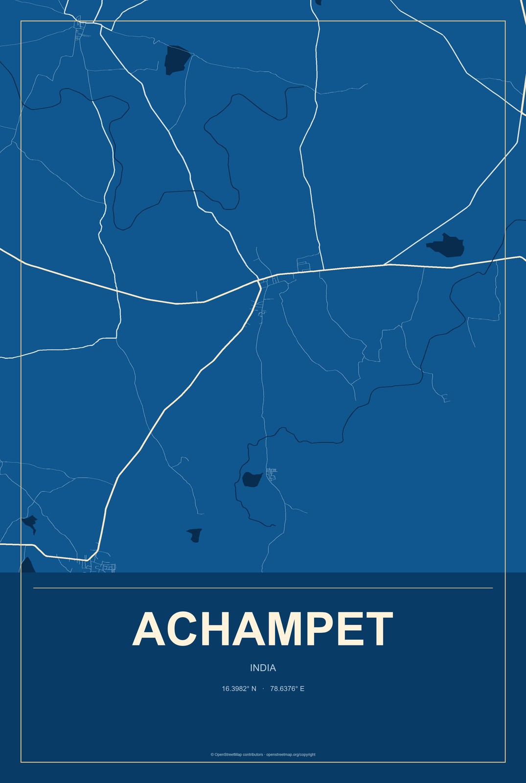 Achampet, India City Map Aluminum Sign in Harbor Cobalt style