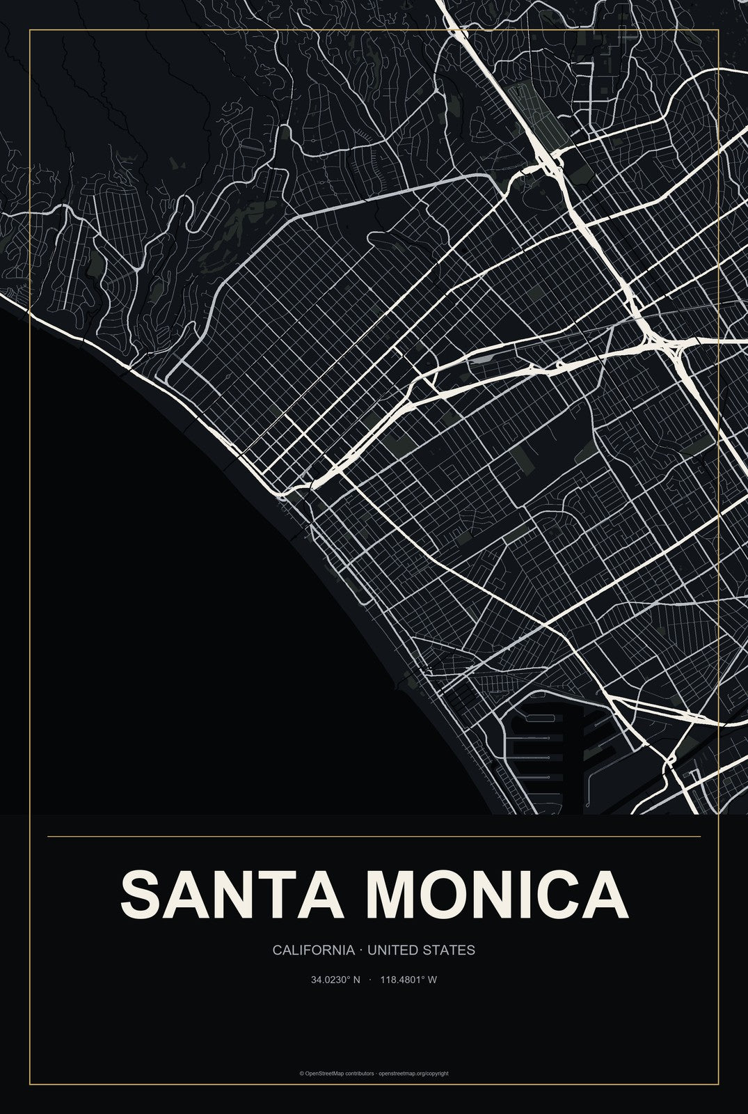 Santa Monica, California City Map Aluminum Sign in Metropolitan Noir style