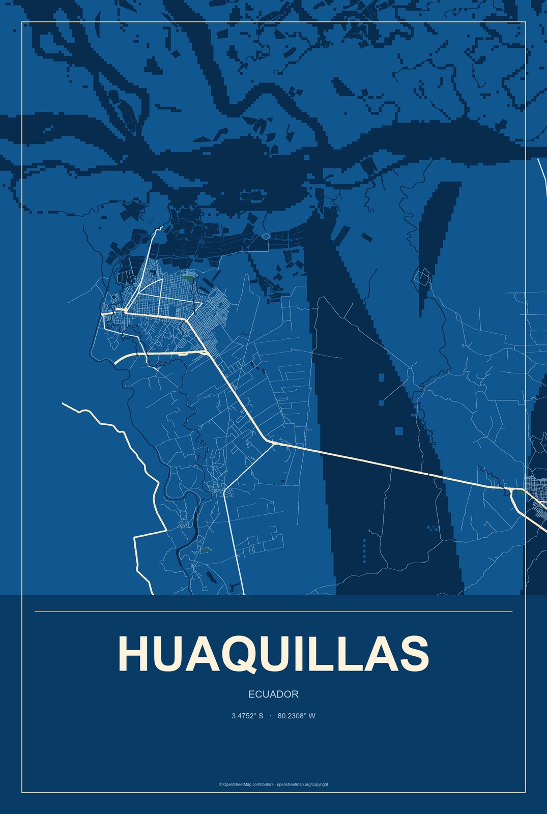 Huaquillas, Ecuador City Map Aluminum Sign in Harbor Cobalt style