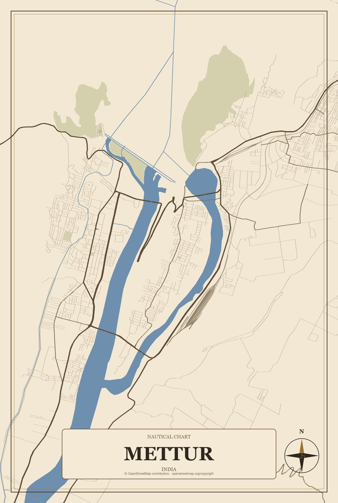 Mettur, India City Map Aluminum Sign in Heritage Nautical style