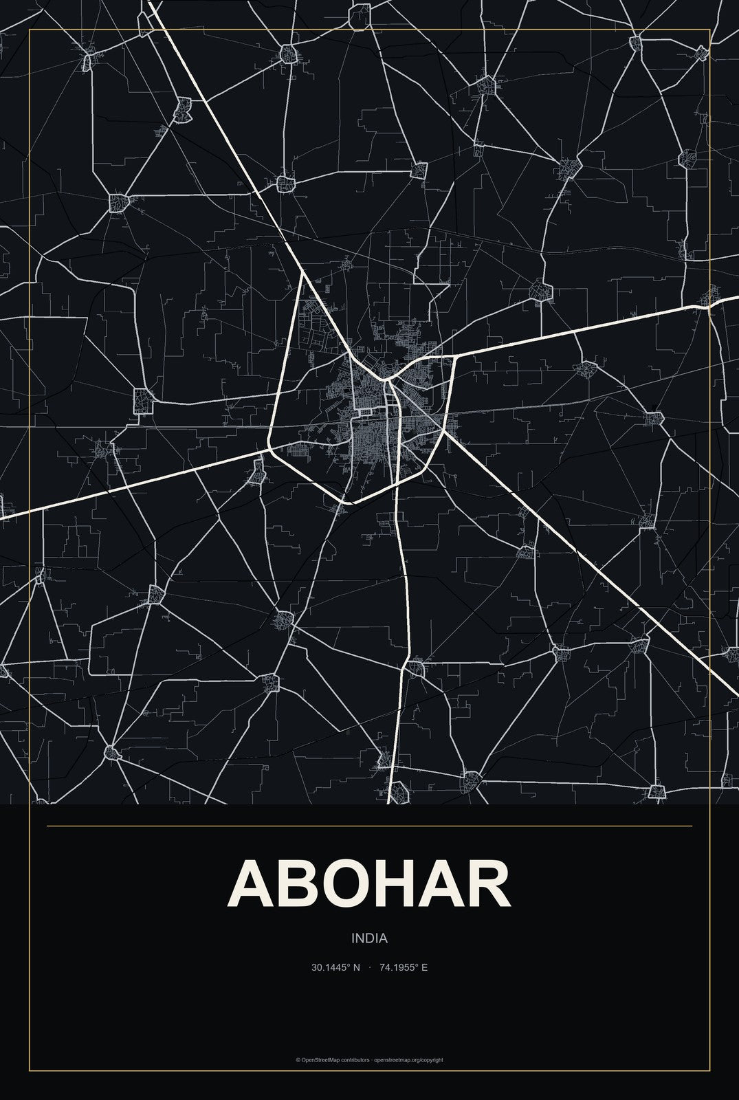 Abohar, India City Map Aluminum Sign in Metropolitan Noir style