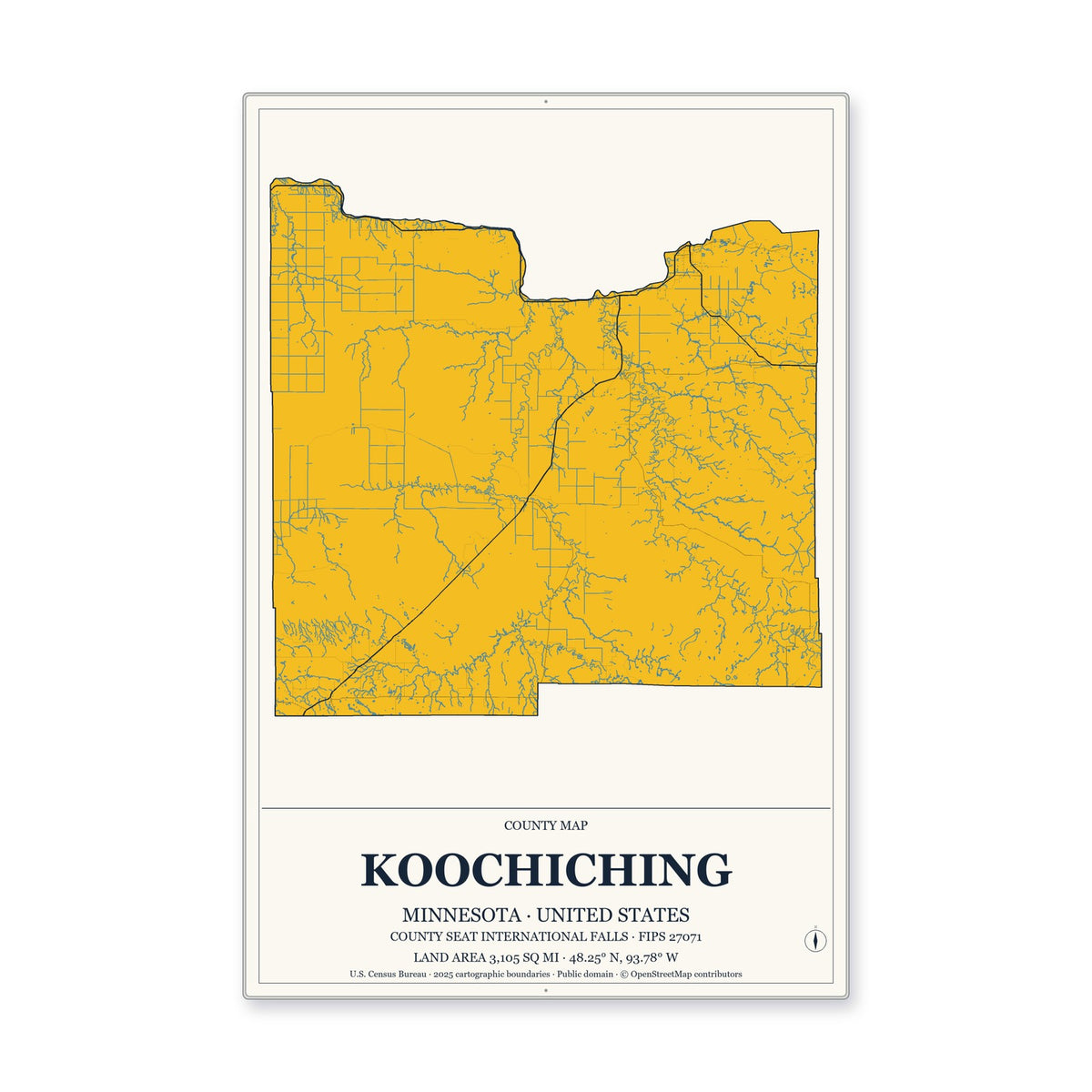 Koochiching County, Minnesota Map Aluminum Sign in Citrine Modern style