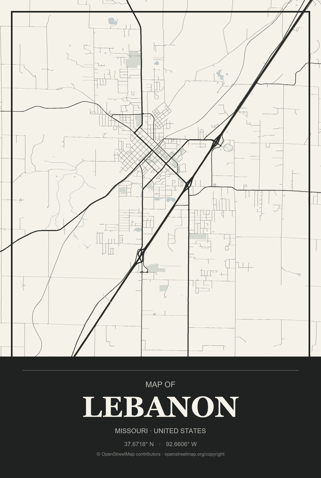 Lebanon, Missouri City Map Aluminum Sign in Museum Plaque style