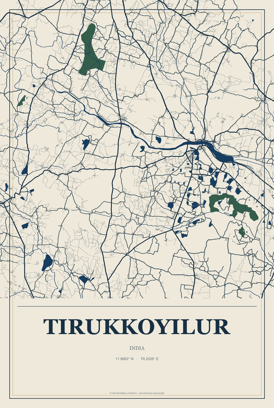 Tirukkoyilur, India City Map Aluminum Sign in Coastal Cutout style