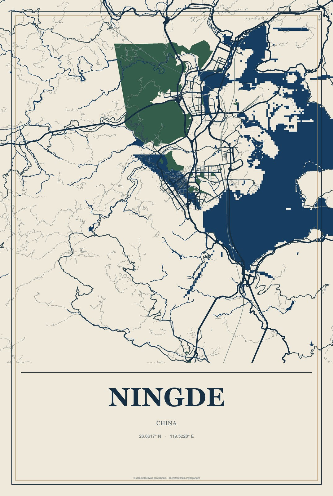 Ningde, China City Map Aluminum Sign in Coastal Cutout style