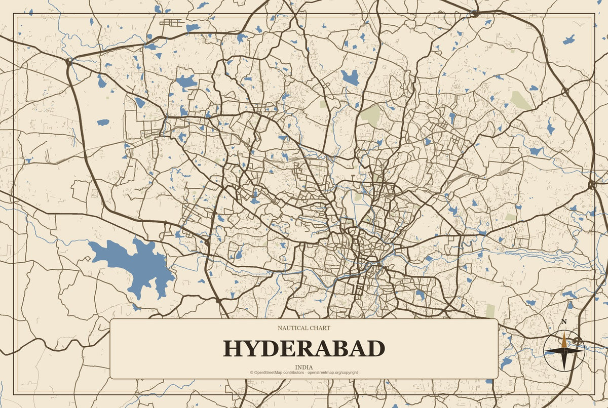 Hyderabad, India City Map Aluminum Sign in Heritage Nautical style