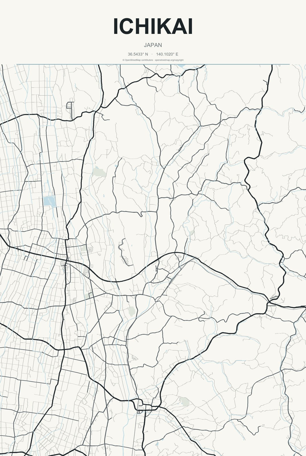 Ichikai, Japan City Map Aluminum Sign in Headline Atlas style