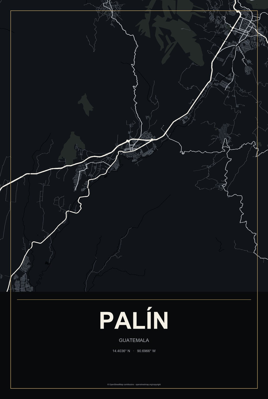 Palín, Guatemala City Map Aluminum Sign in Metropolitan Noir style