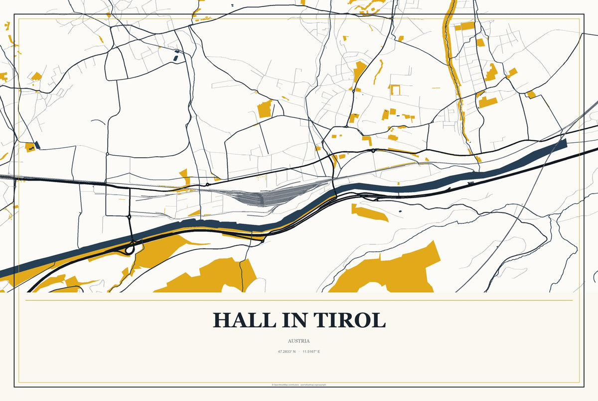 Hall in Tirol, Austria City Map Aluminum Sign in Citrine Modern style