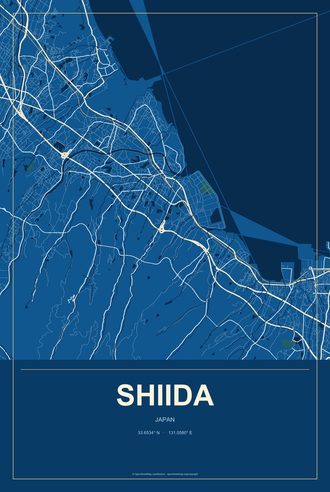 Shiida, Japan City Map Aluminum Sign in Harbor Cobalt style