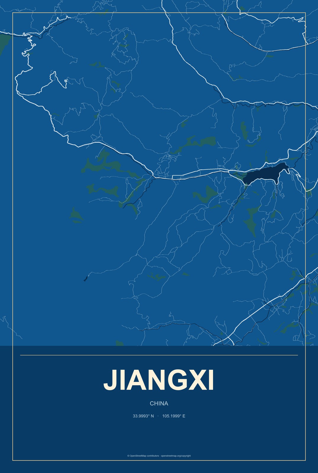 Jiangxi, China City Map Aluminum Sign in Harbor Cobalt style
