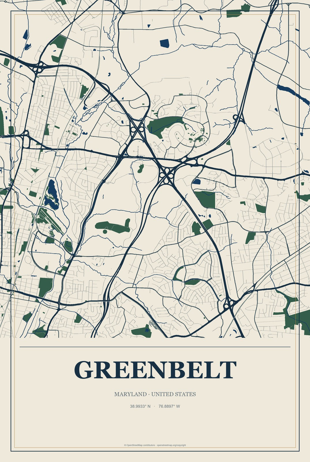 Greenbelt, Maryland City Map Aluminum Sign in Coastal Cutout style