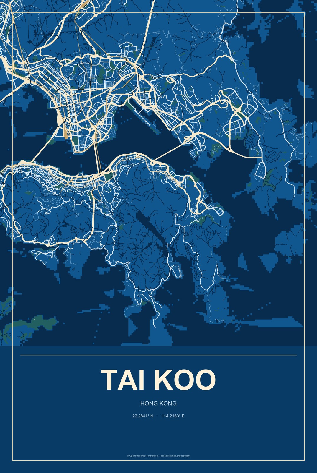 Tai Koo, Hong Kong City Map Aluminum Sign in Harbor Cobalt style