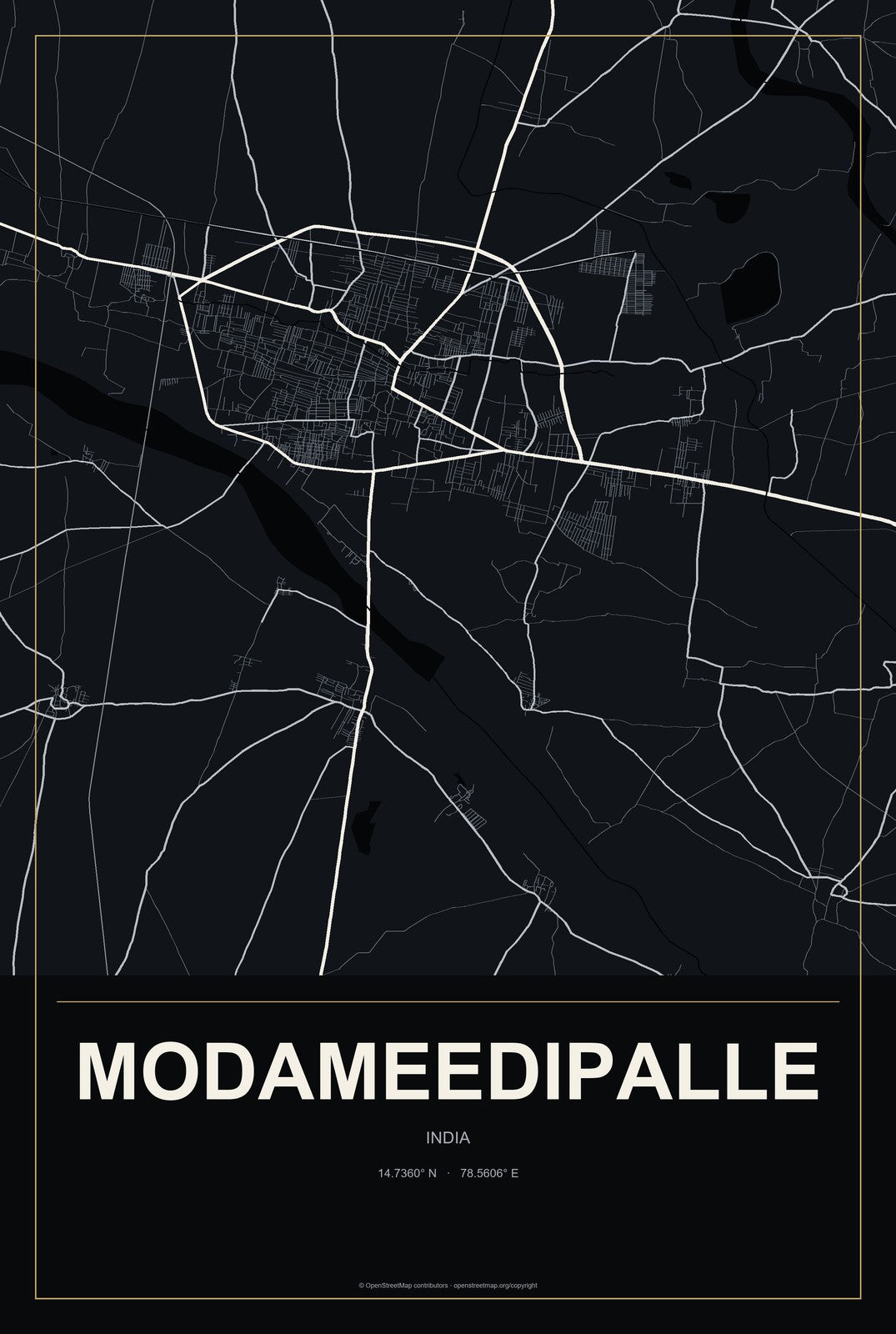 Modameedipalle, India City Map Aluminum Sign in Metropolitan Noir style