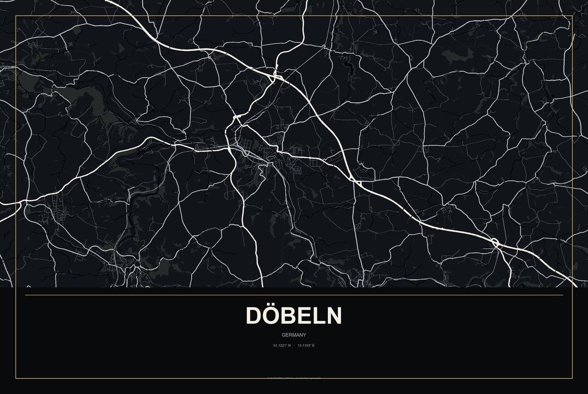 Döbeln, Germany City Map Aluminum Sign in Metropolitan Noir style
