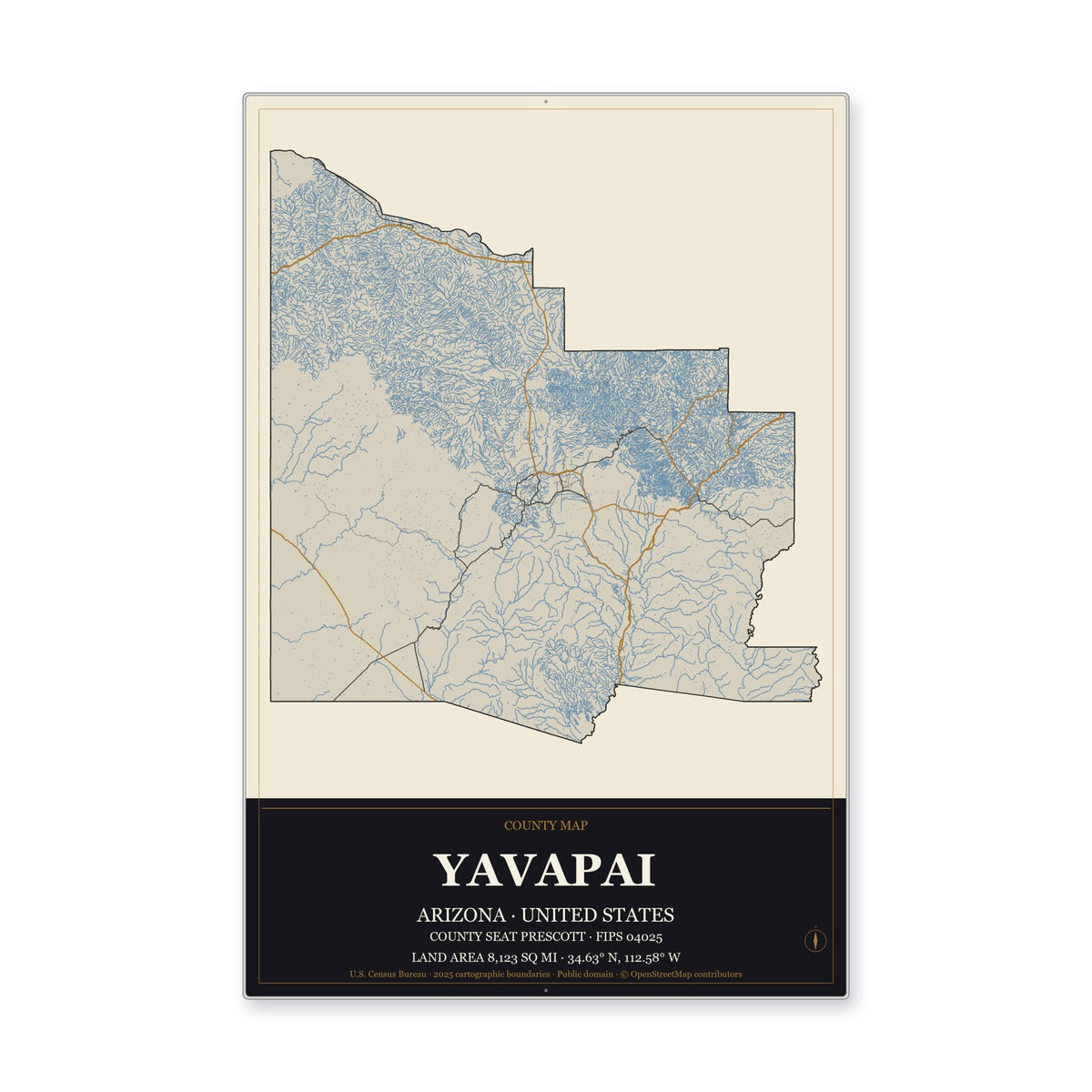 Yavapai County, Arizona Map Aluminum Sign in Museum Plaque style