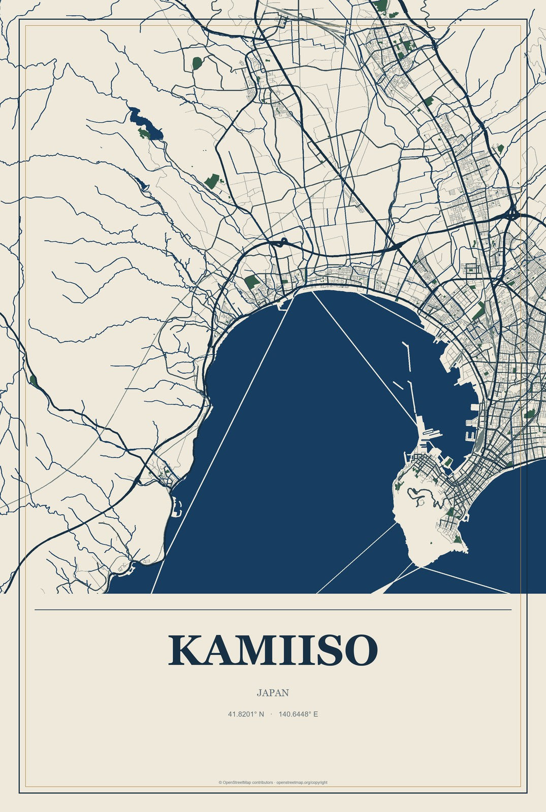 Kamiiso, Japan City Map Aluminum Sign in Coastal Cutout style