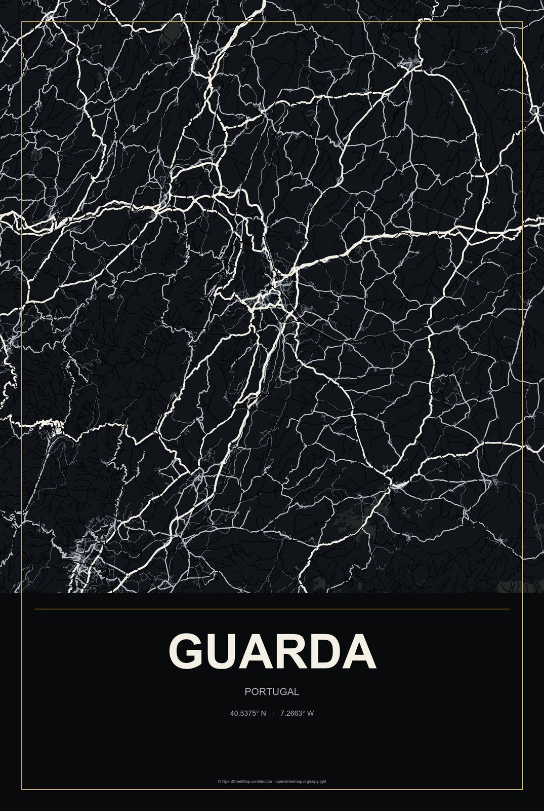 Guarda, Portugal City Map Aluminum Sign in Metropolitan Noir style