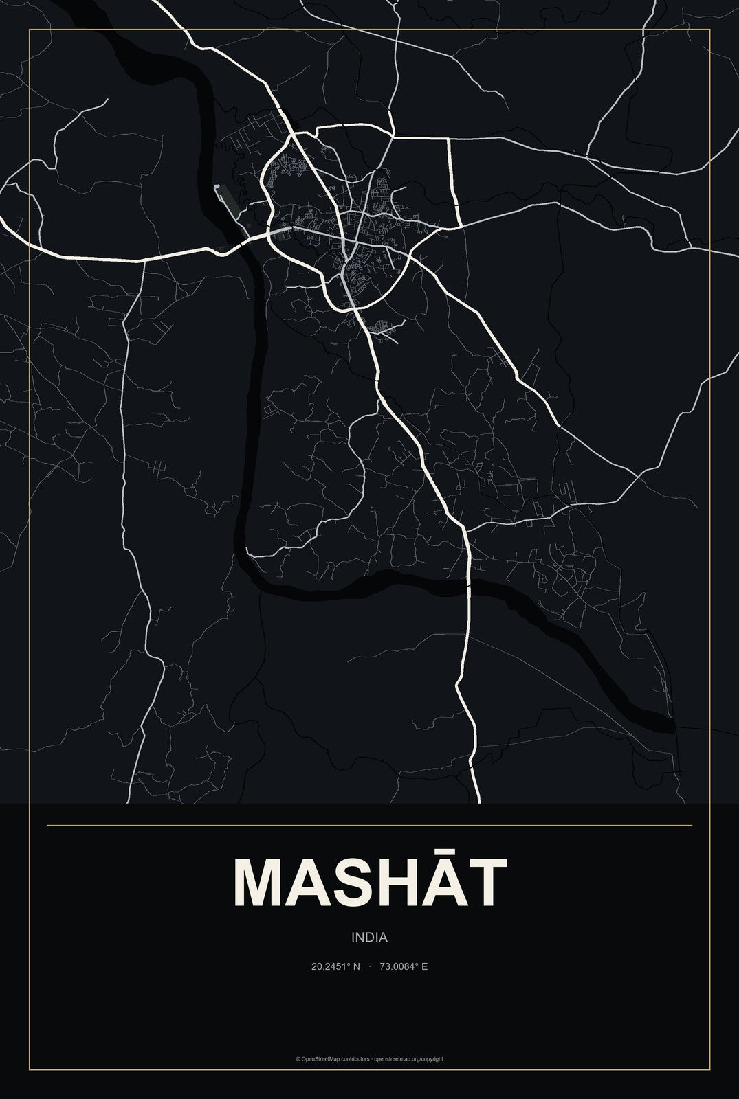 Mashāt, India City Map Aluminum Sign in Metropolitan Noir style