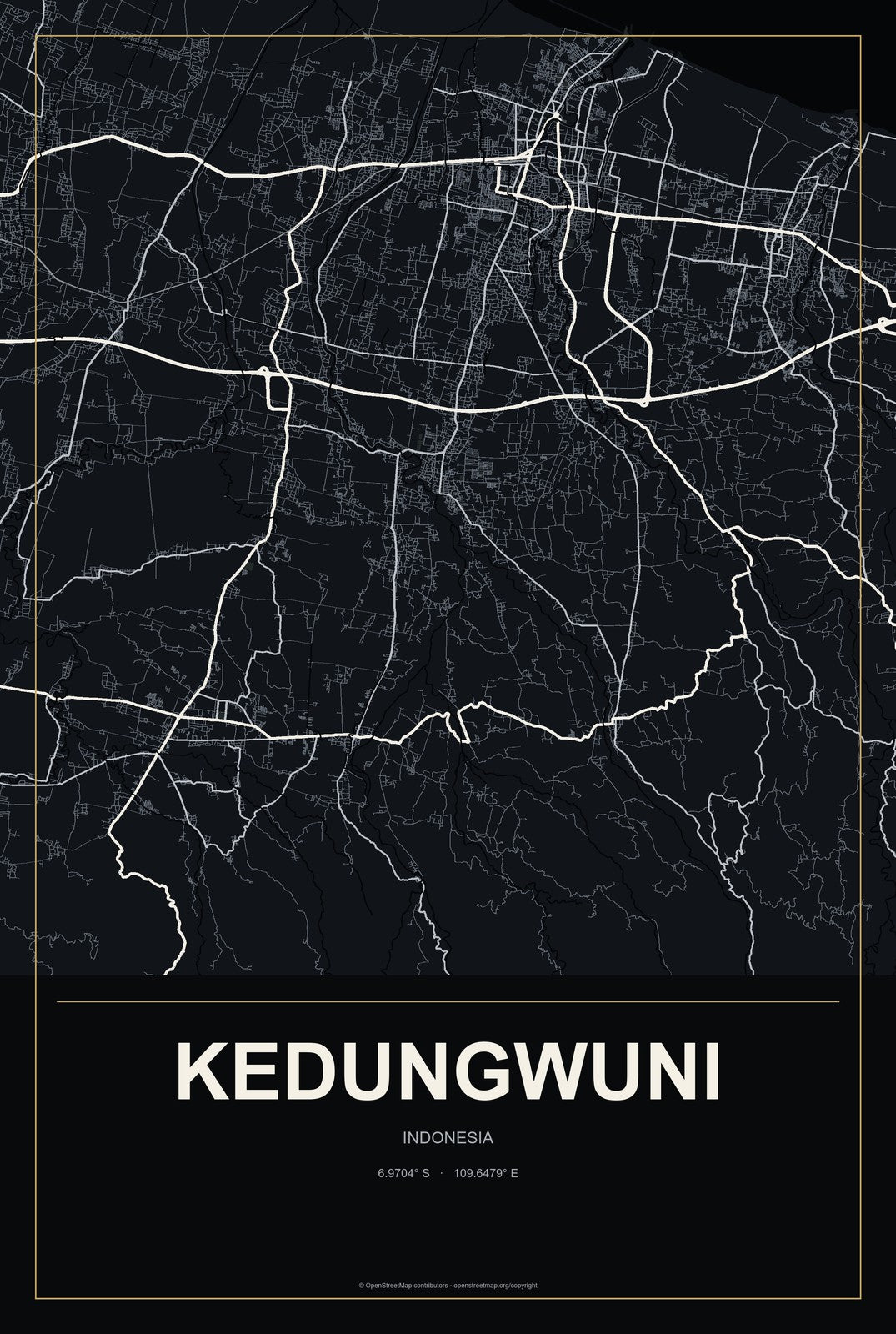 Kedungwuni, Indonesia City Map Aluminum Sign in Metropolitan Noir style