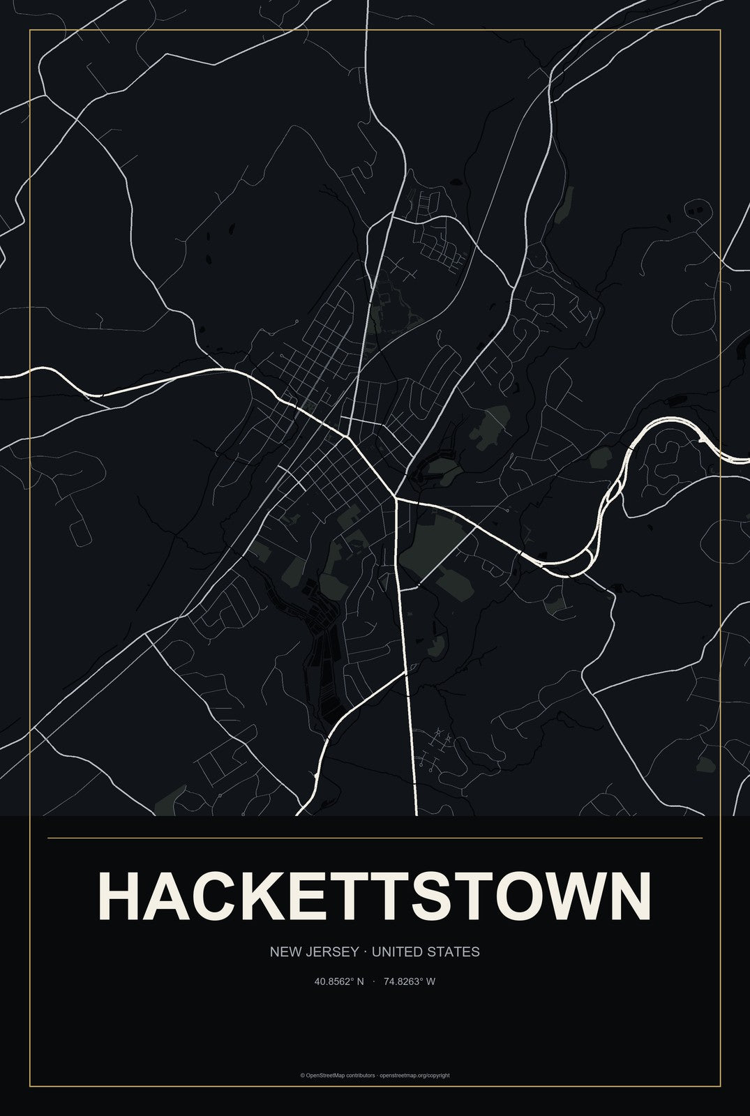 Hackettstown, New Jersey City Map Aluminum Sign in Metropolitan Noir style