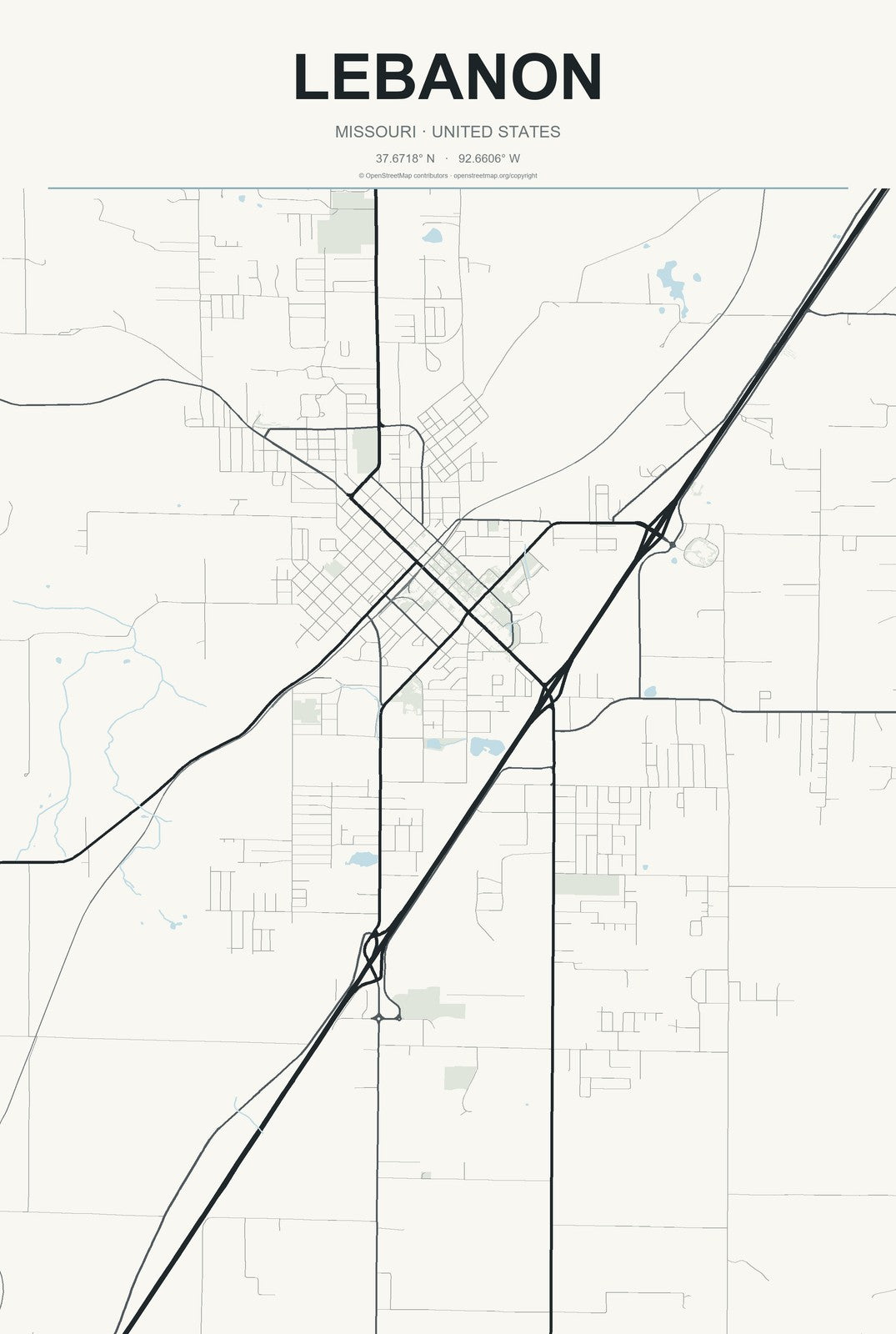 Lebanon, Missouri City Map Aluminum Sign in Headline Atlas style