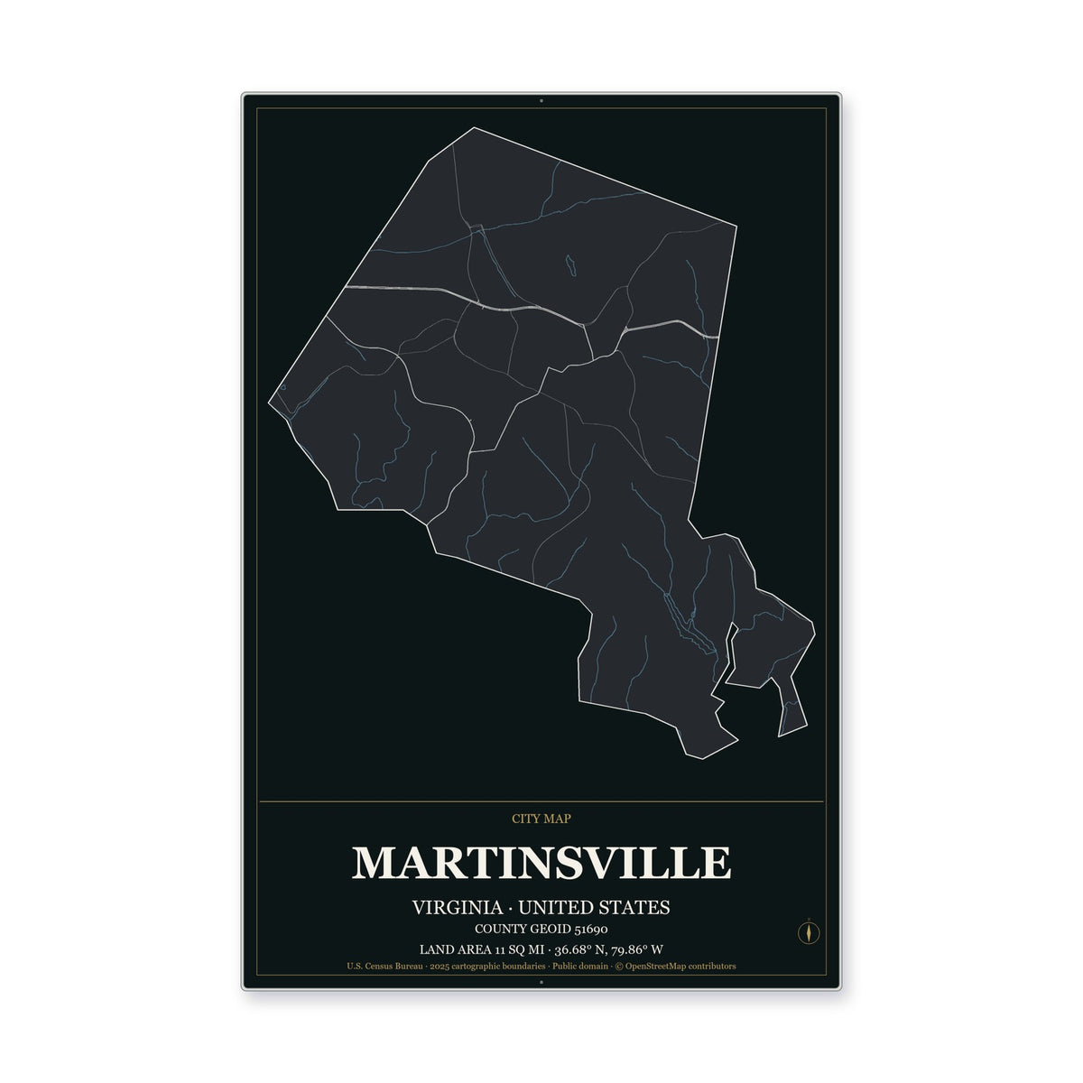 Martinsville city, Virginia Map Aluminum Sign in Metropolitan Noir style
