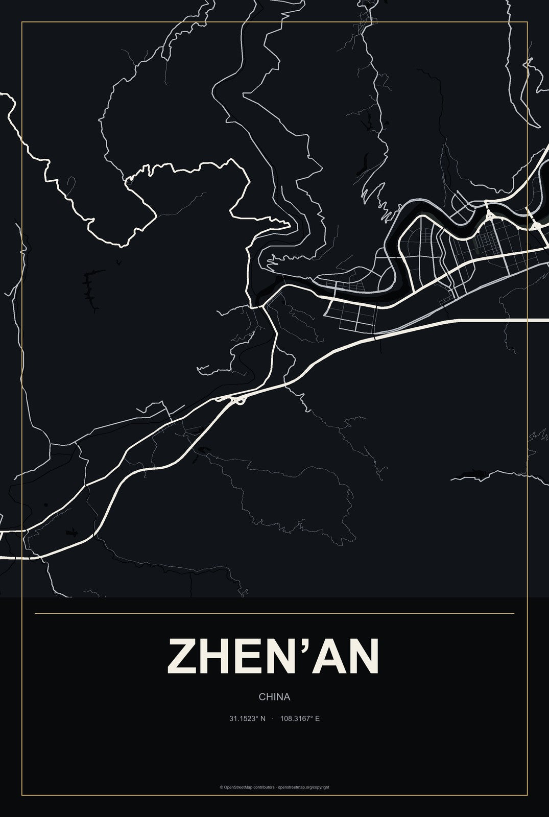 Zhen’an, China City Map Aluminum Sign in Metropolitan Noir style