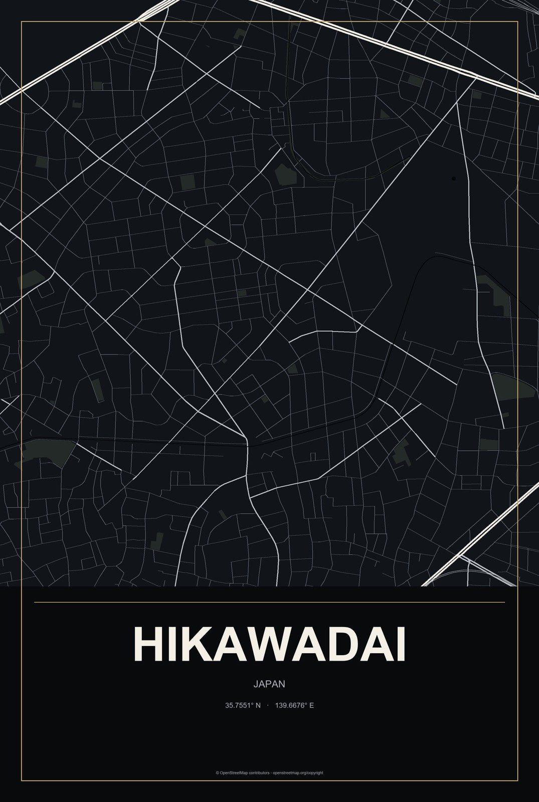 Hikawadai, Japan City Map Aluminum Sign in Metropolitan Noir style