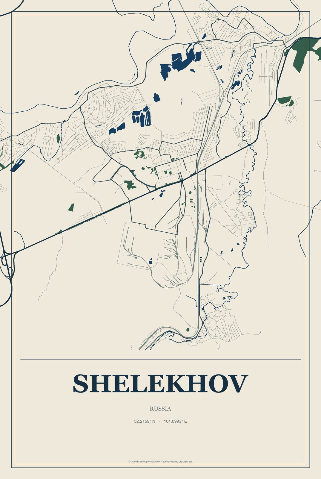 Shelekhov, Russia City Map Aluminum Sign in Coastal Cutout style