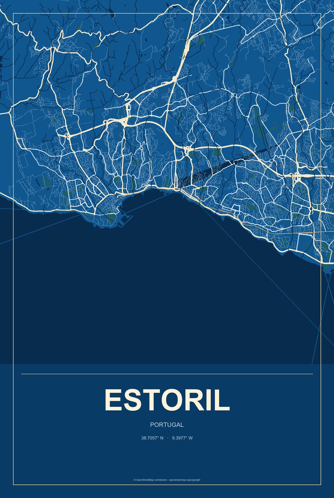 Estoril, Portugal City Map Aluminum Sign in Harbor Cobalt style