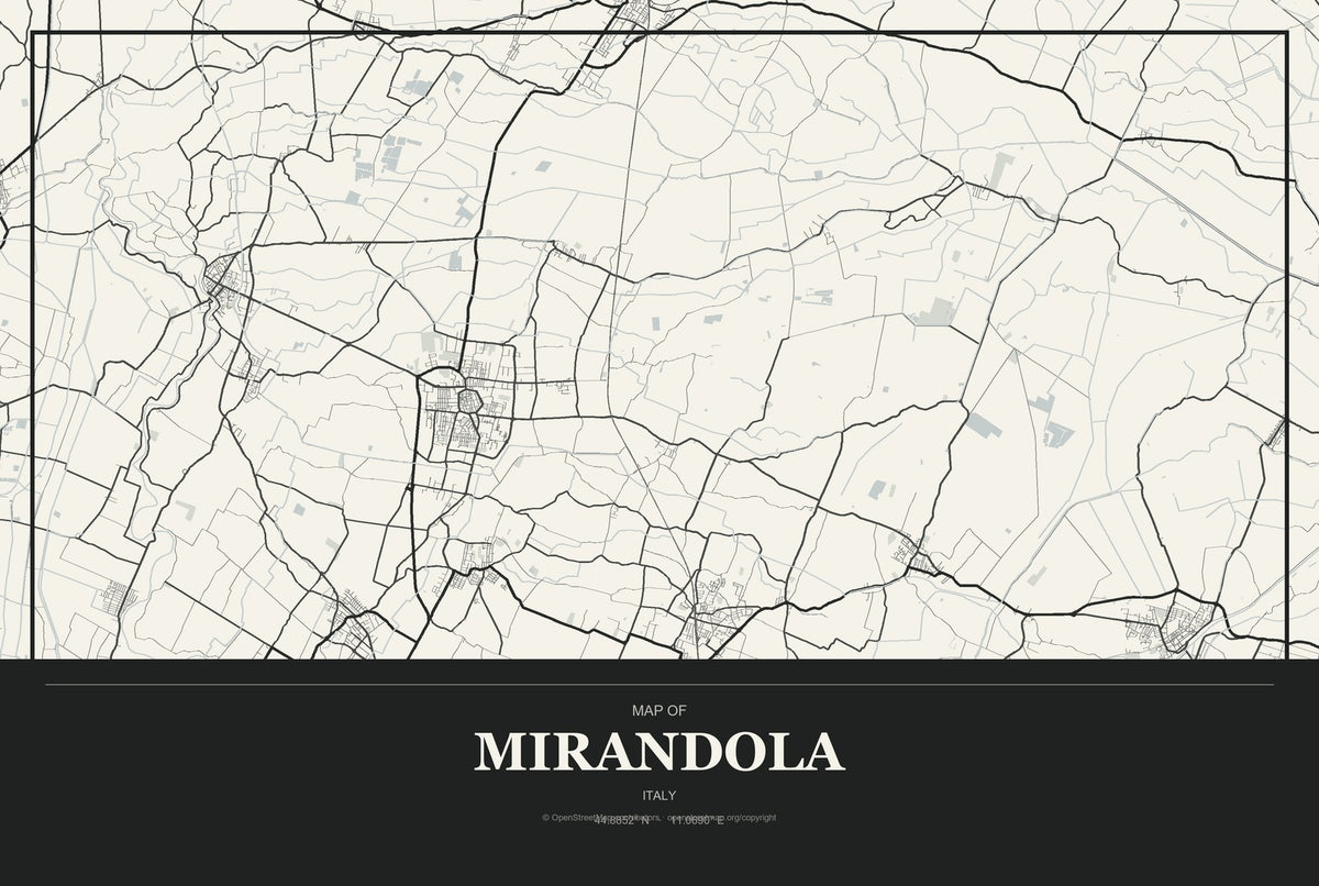 Mirandola, Italy City Map Aluminum Sign in Museum Plaque style