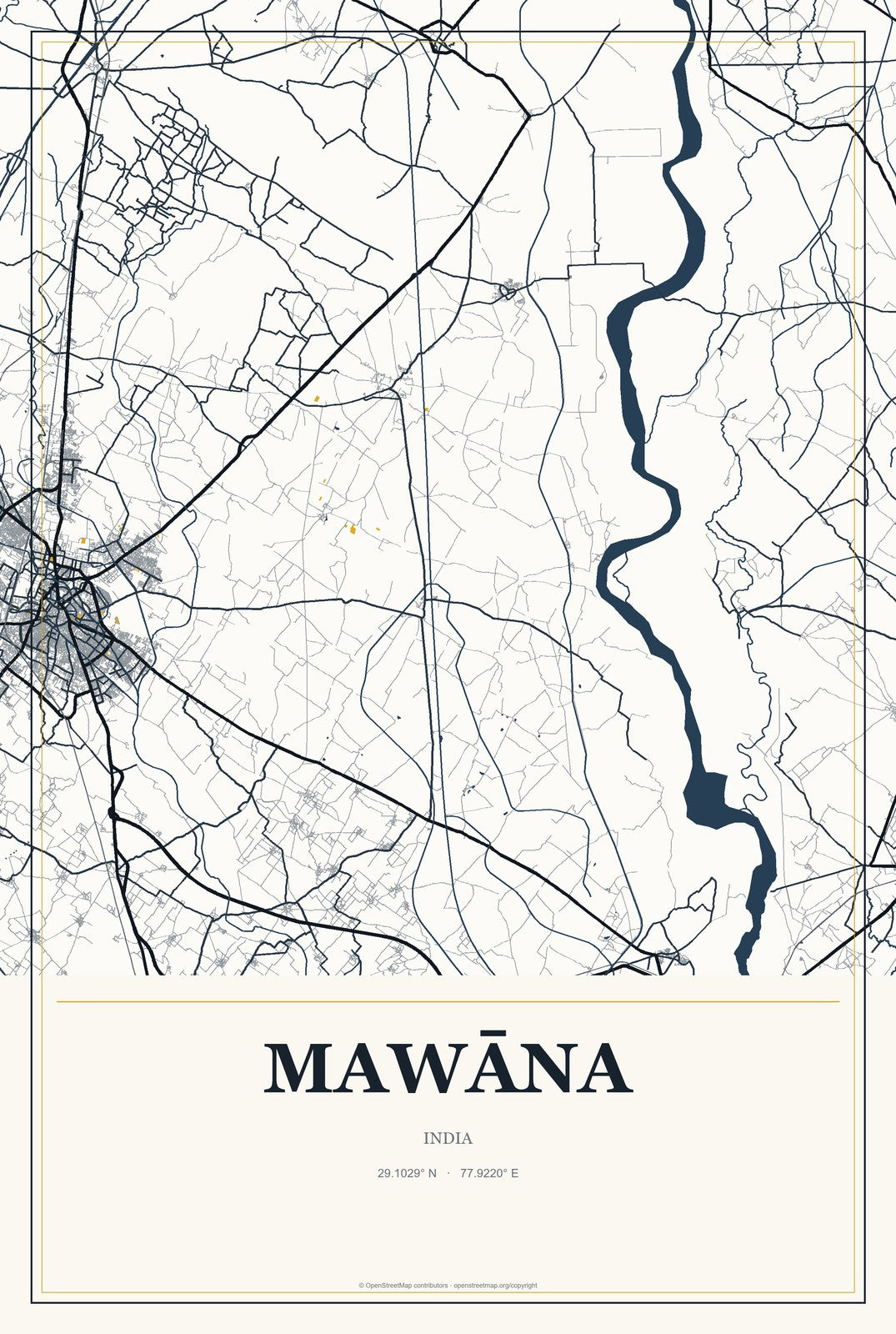 Mawāna, India City Map Aluminum Sign in Citrine Modern style