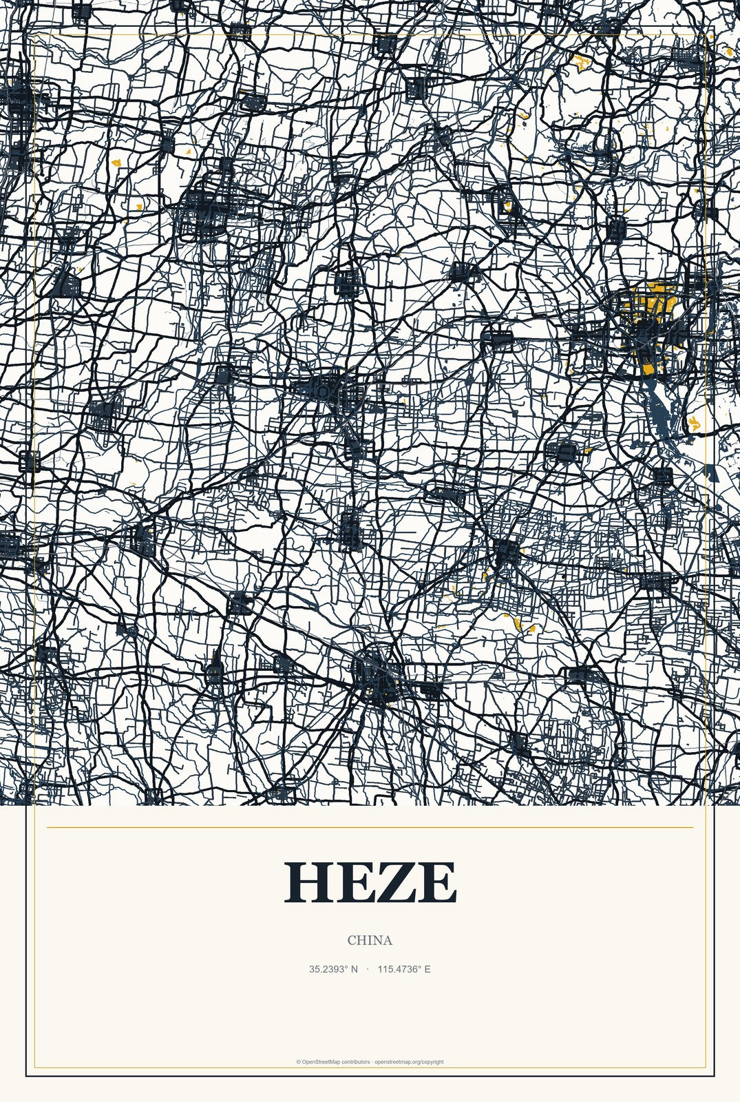 Heze, China City Map Aluminum Sign in Citrine Modern style