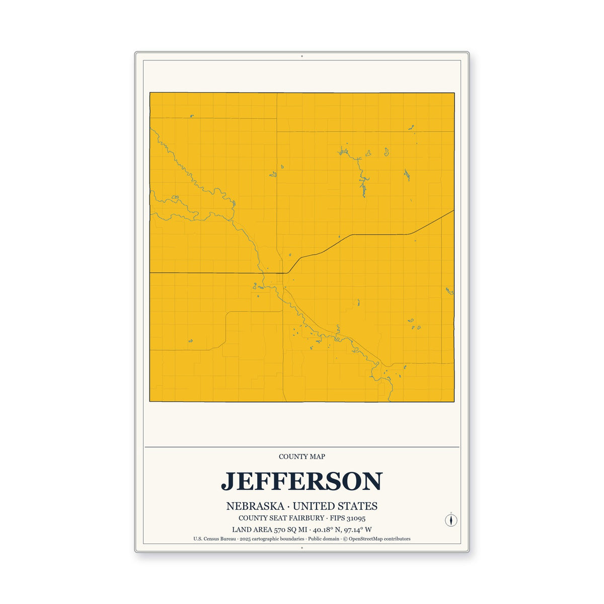 Jefferson County, Nebraska Map Aluminum Sign in Citrine Modern style
