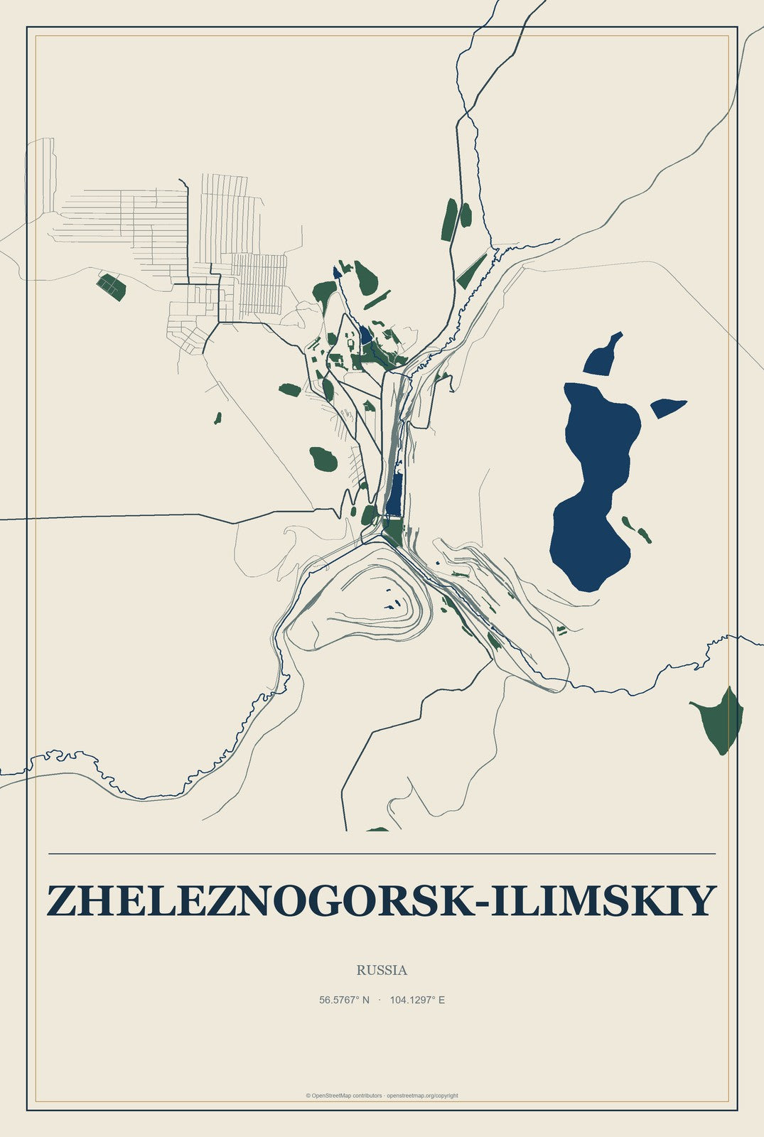 Zheleznogorsk-Ilimskiy, Russia City Map Aluminum Sign in Coastal Cutout style