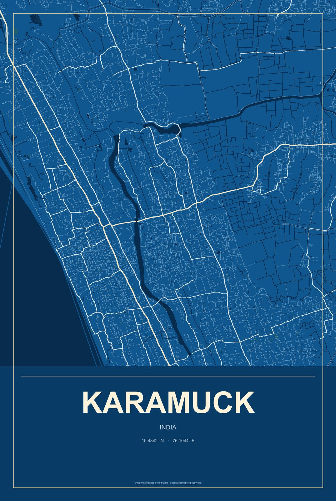 Karamuck, India City Map Aluminum Sign in Harbor Cobalt style