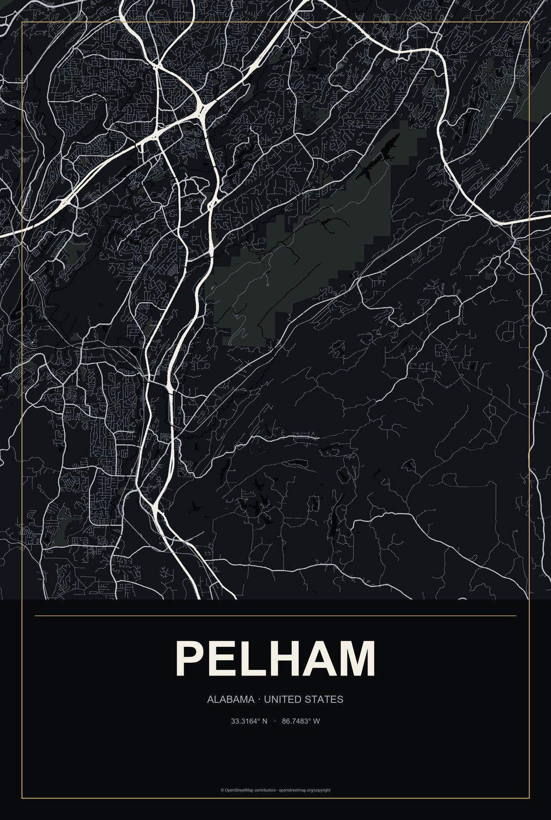 Pelham, Alabama City Map Aluminum Sign in Metropolitan Noir style