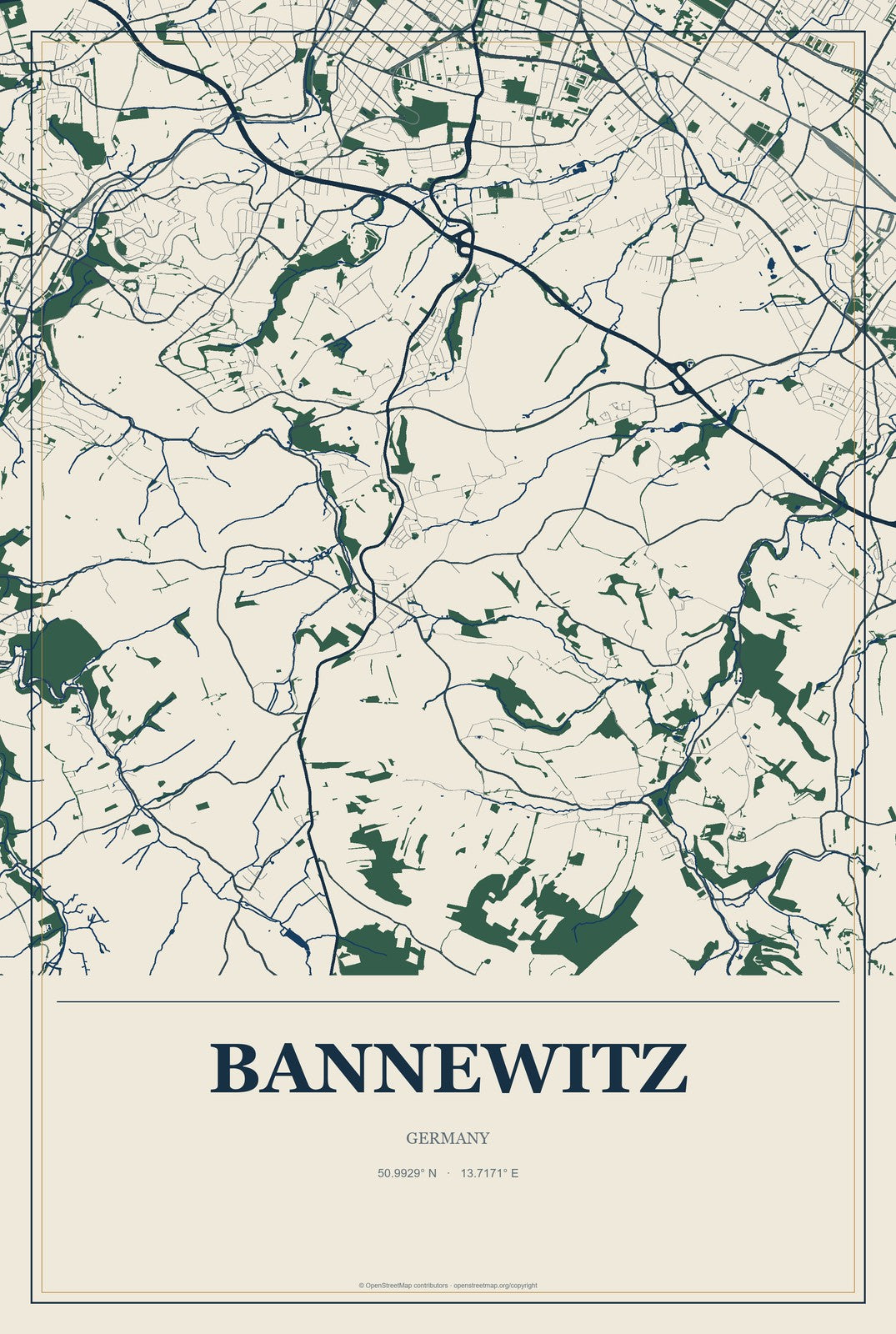 Bannewitz, Germany City Map Aluminum Sign in Coastal Cutout style