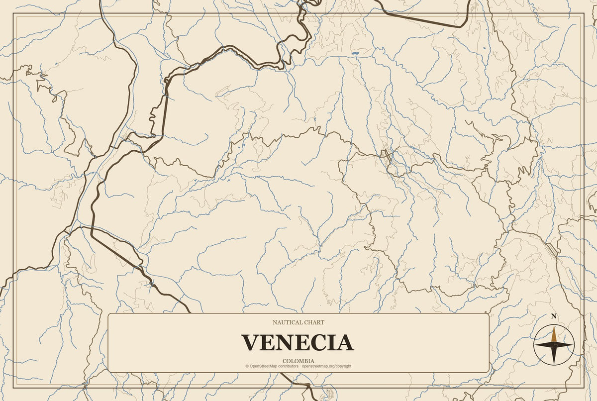 Venecia, Colombia City Map Aluminum Sign in Heritage Nautical style